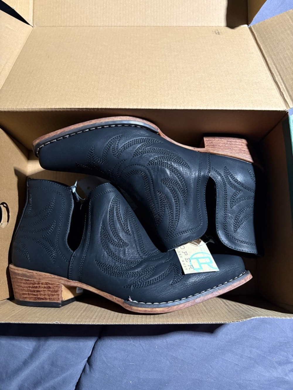Roper Black Cutout Western Booties with stacked heel
